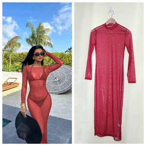 SheIn SXY Maxi Sheer Cover Up Dress Size 4 Red Mesh Swim Baddie Resort Wear